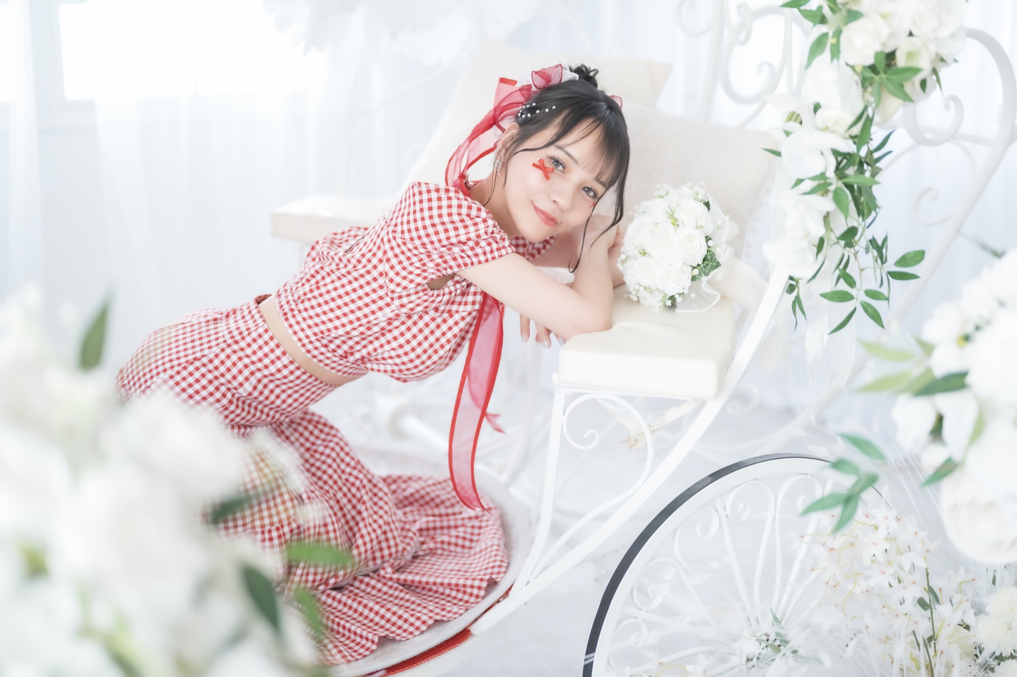 赤ギンガム頭リボン